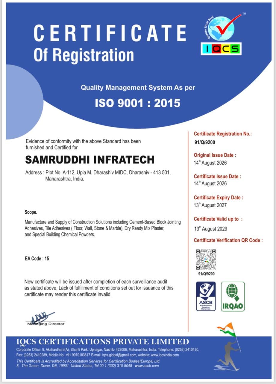ISO 9001:2015 Certificate of Registration issued to Samruddhi Infratech by IQCS Certifications Private Limited