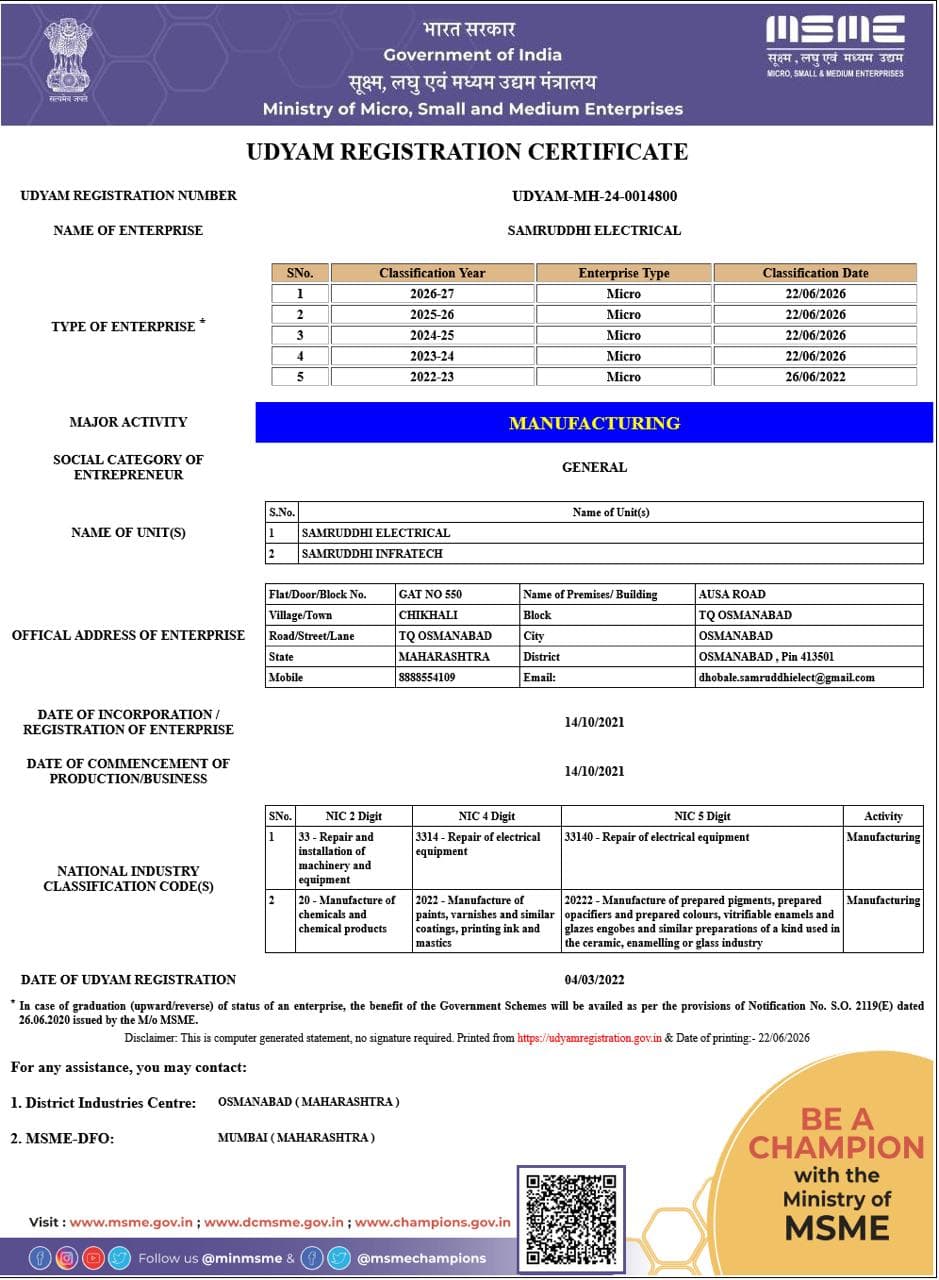 Udyam Registration Certificate issued by the Ministry of Micro, Small and Medium Enterprises