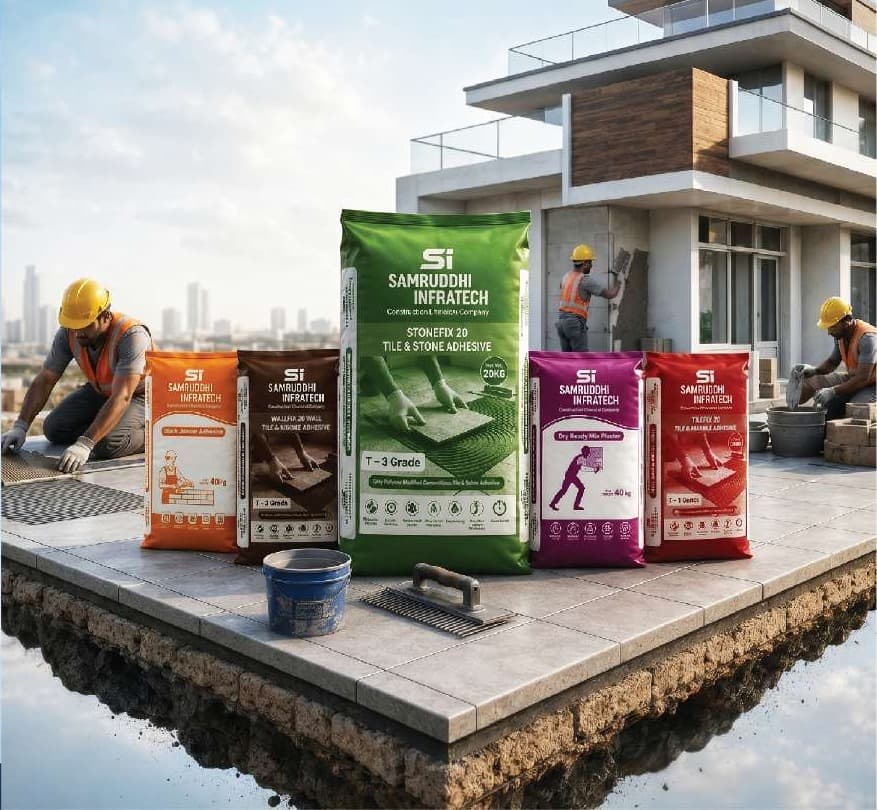 The Samruddhi Infratech product range — block jointer adhesive, wall tile adhesive, tile and stone adhesive, dry ready mix plaster and floor tile adhesive — on a tiled terrace